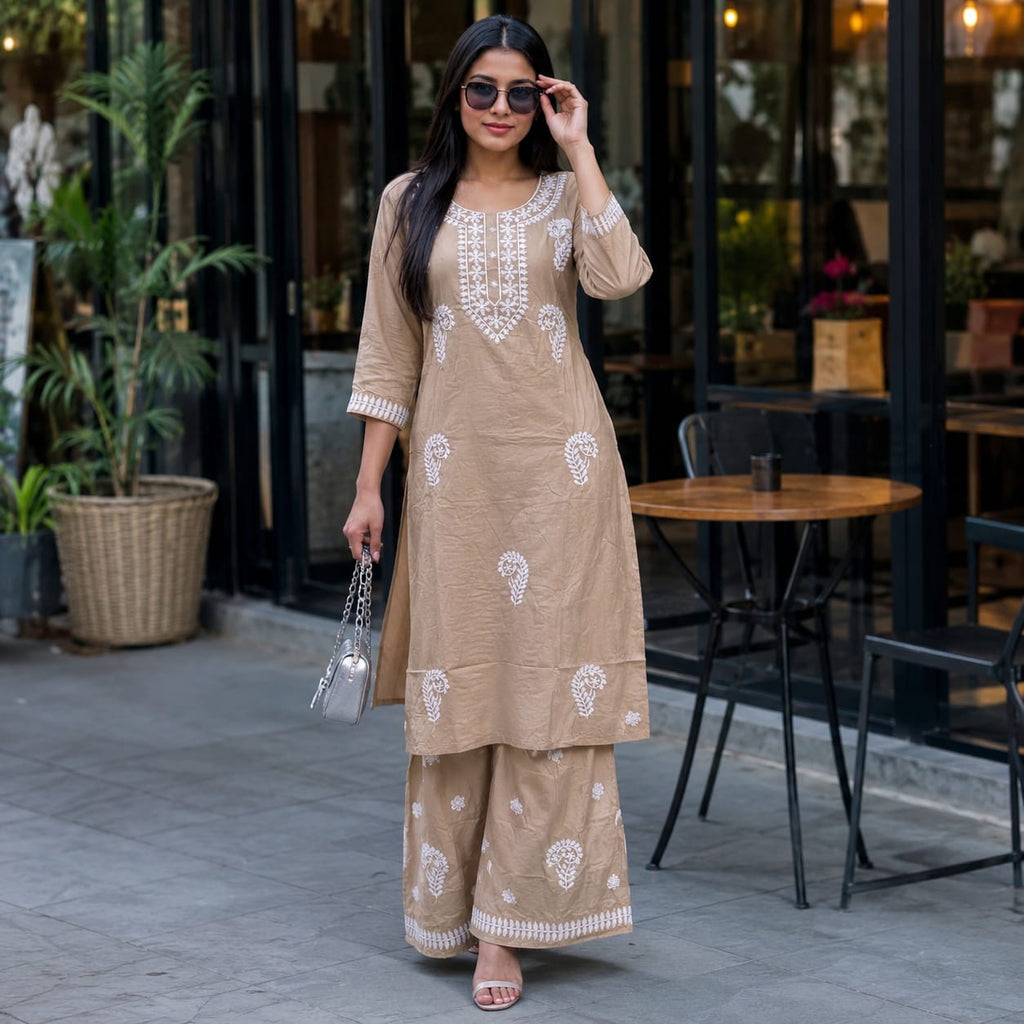 Jiya Beige Embroidered Kurta Palazzo Set