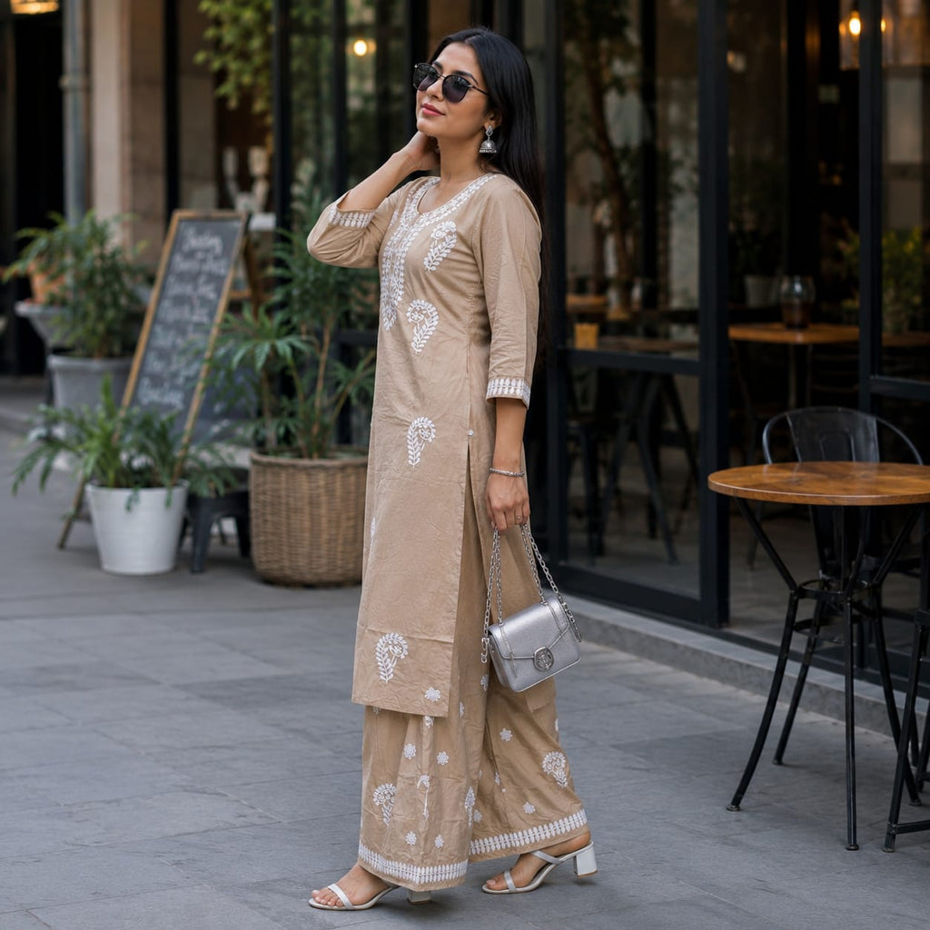 Jiya Beige Embroidered Kurta Palazzo Set