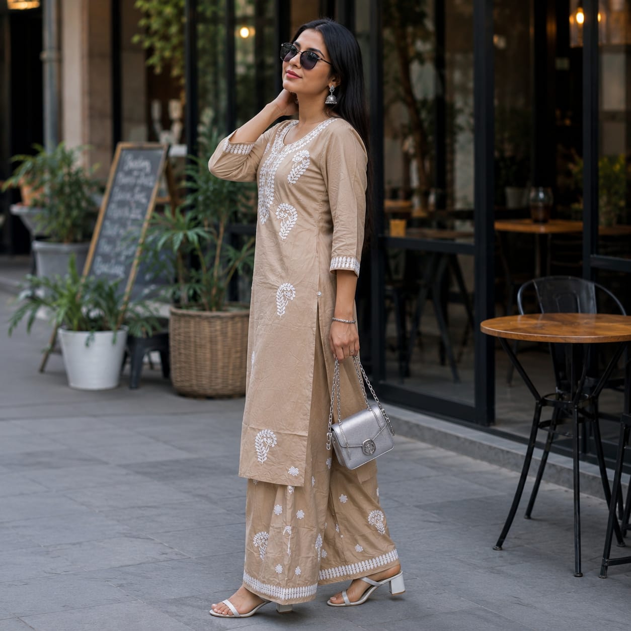 Jiya Beige Embroidered Kurta Palazzo Set