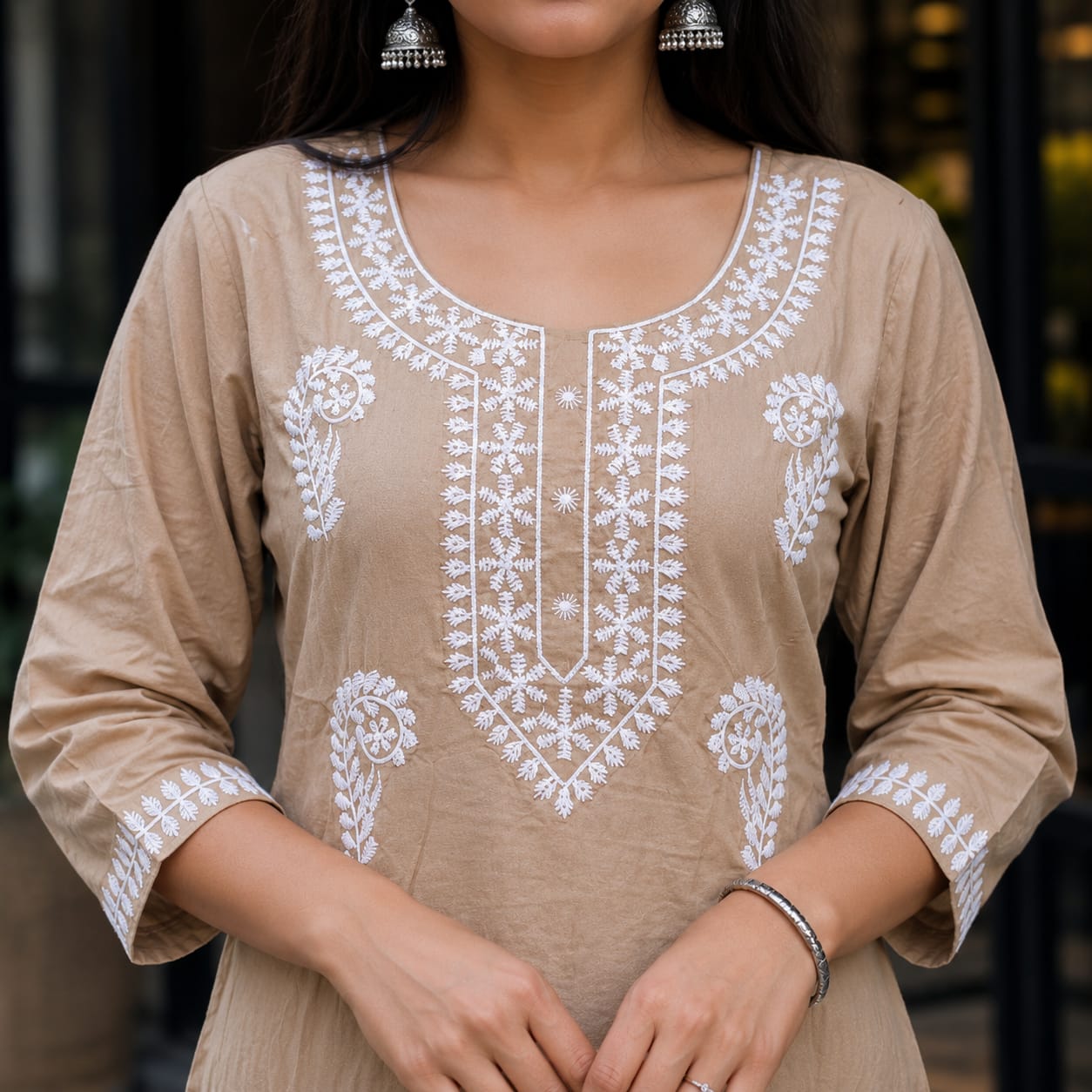 Jiya Beige Embroidered Kurta Palazzo Set