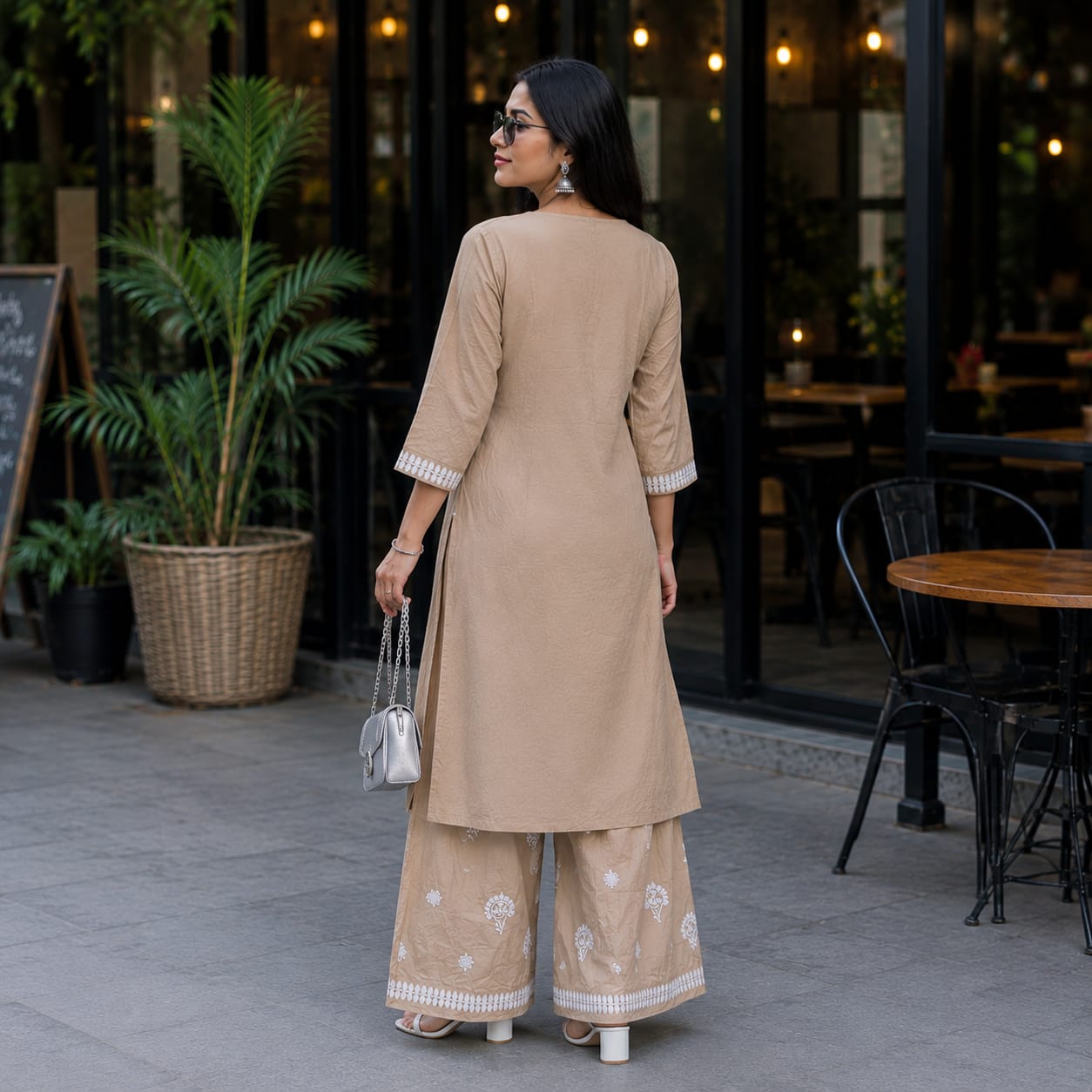Jiya Beige Embroidered Kurta Palazzo Set