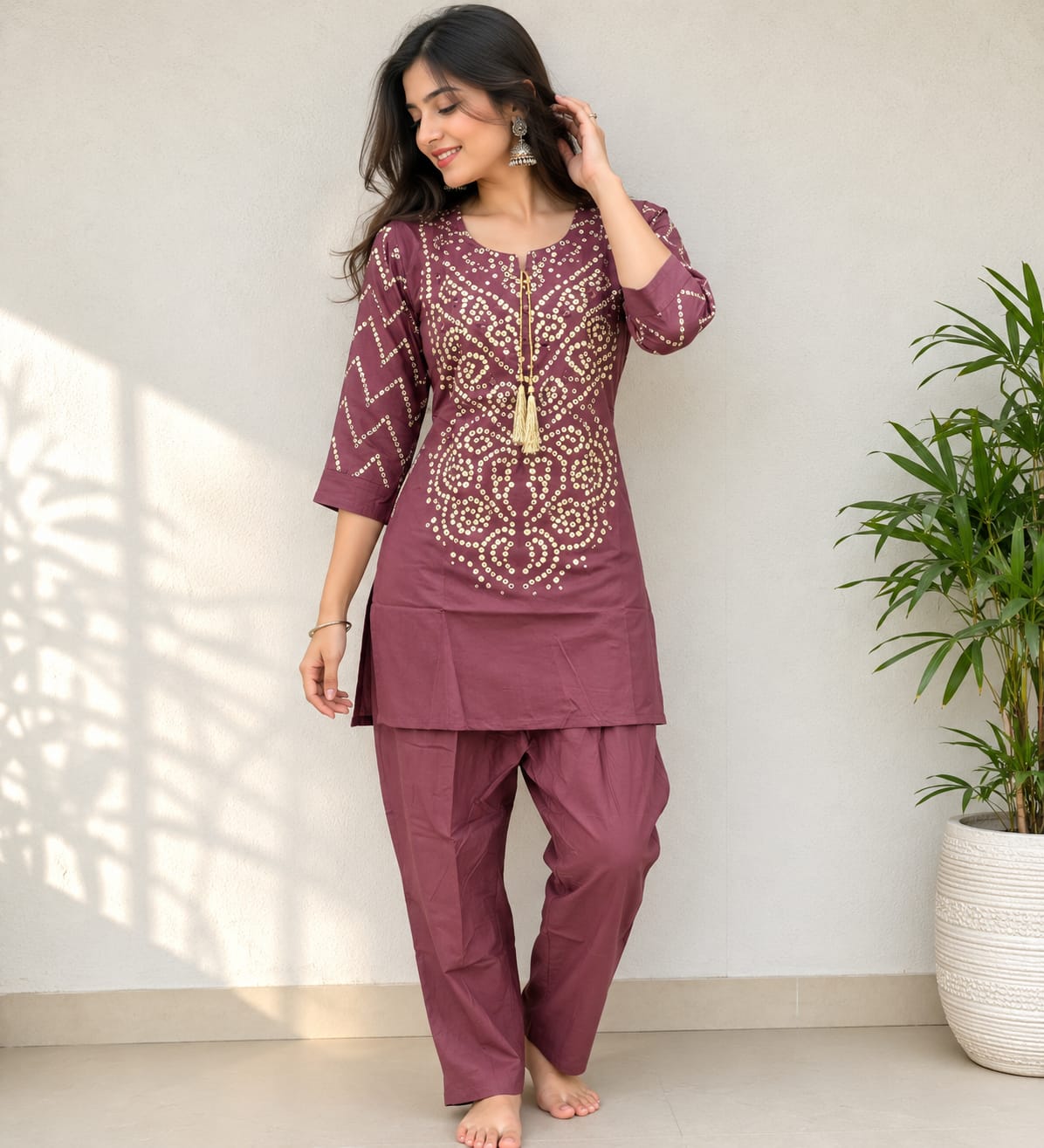 Bandhani Print Cotton Kurti Pant Set