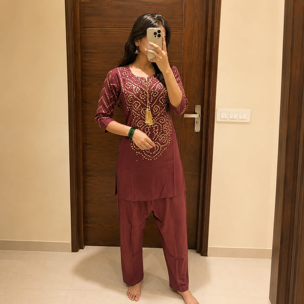 Bandhani Print Cotton Kurti Pant Set