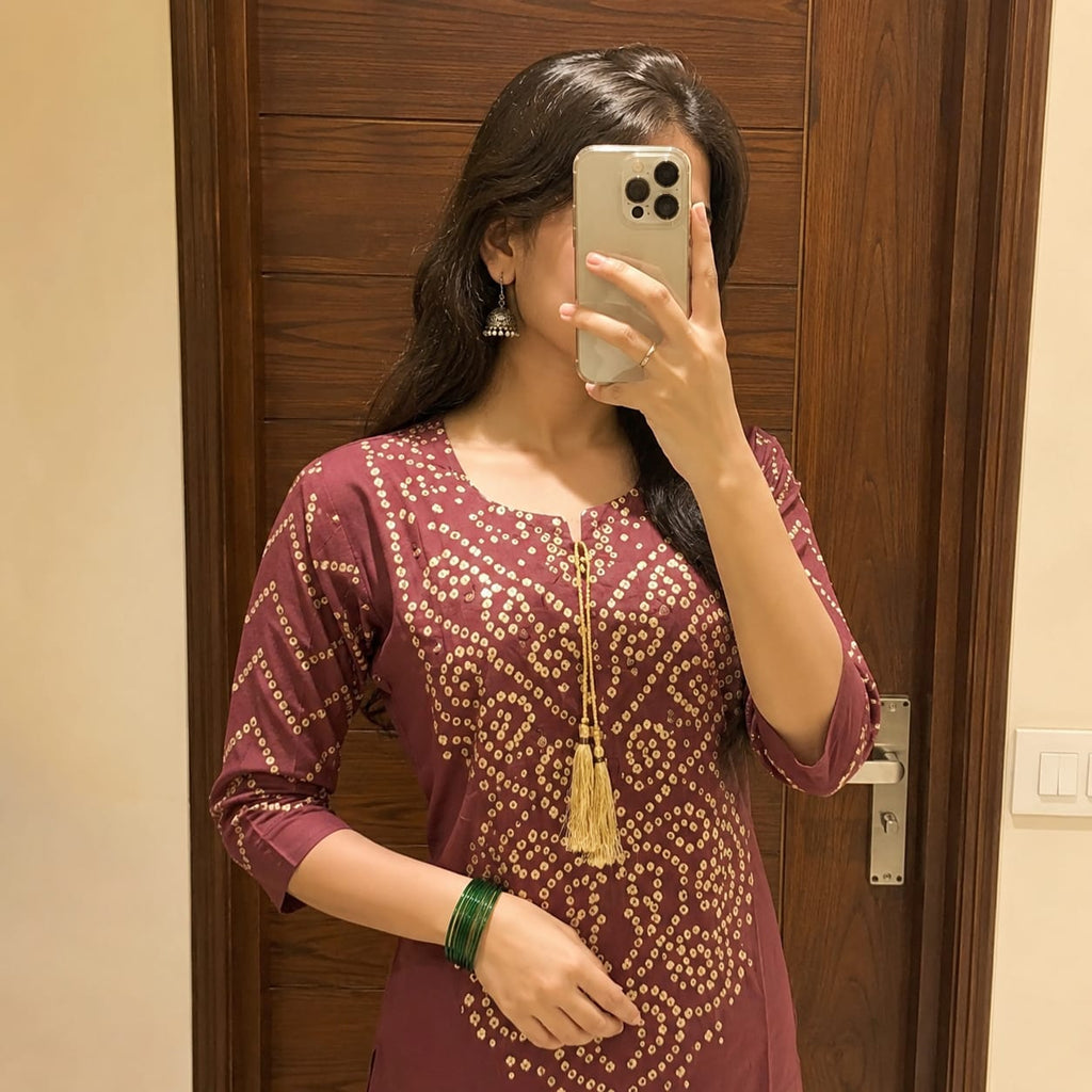 Bandhani Print Cotton Kurti Pant Set