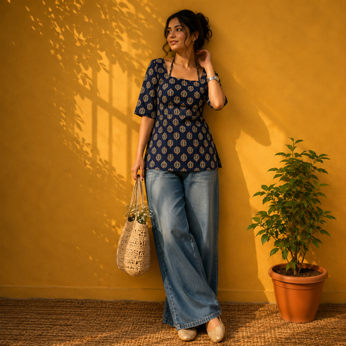 Woman in a blue patterned top and jeans standing against a yellow wall with a plant next to her.