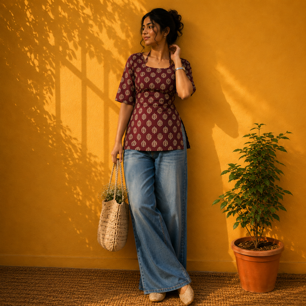 Woman standing against a yellow wall with a plant and woven bag
