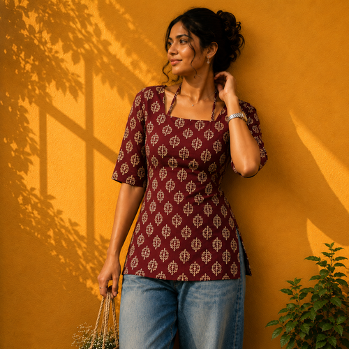 Woman in a patterned top and jeans standing against an orange wall with plant shadows.
