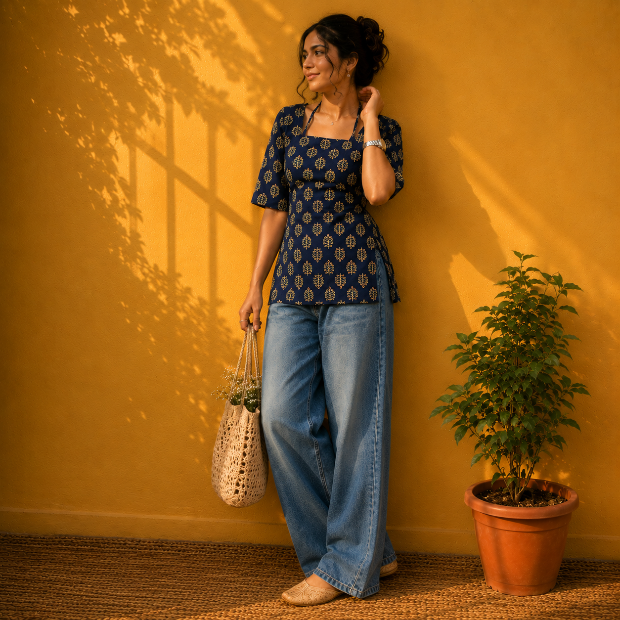 Woman in a blue patterned top and jeans standing against a yellow wall with a plant and woven bag.
