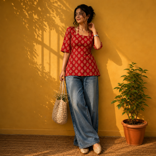 Woman in a red patterned top and blue jeans standing against a yellow wall with a plant and basket.