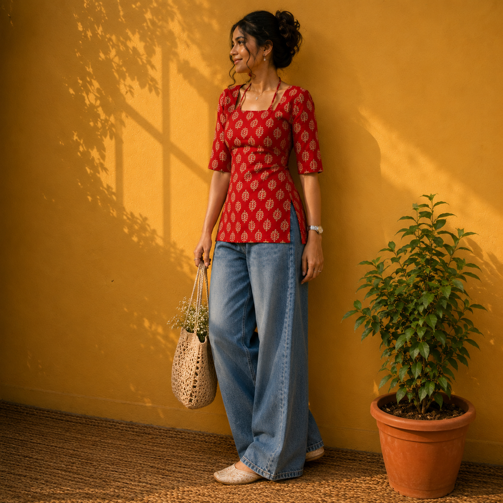 Woman in a red patterned top and blue jeans standing against a yellow wall with a plant and woven bag.