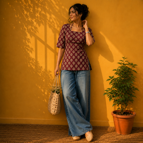 Woman in a patterned top and jeans standing against a yellow wall with a plant and woven bag.